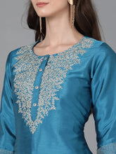 Women Blue Poly Silk Embroidered Straight Kurta Pant Set With Dupatta-PKSKD1588